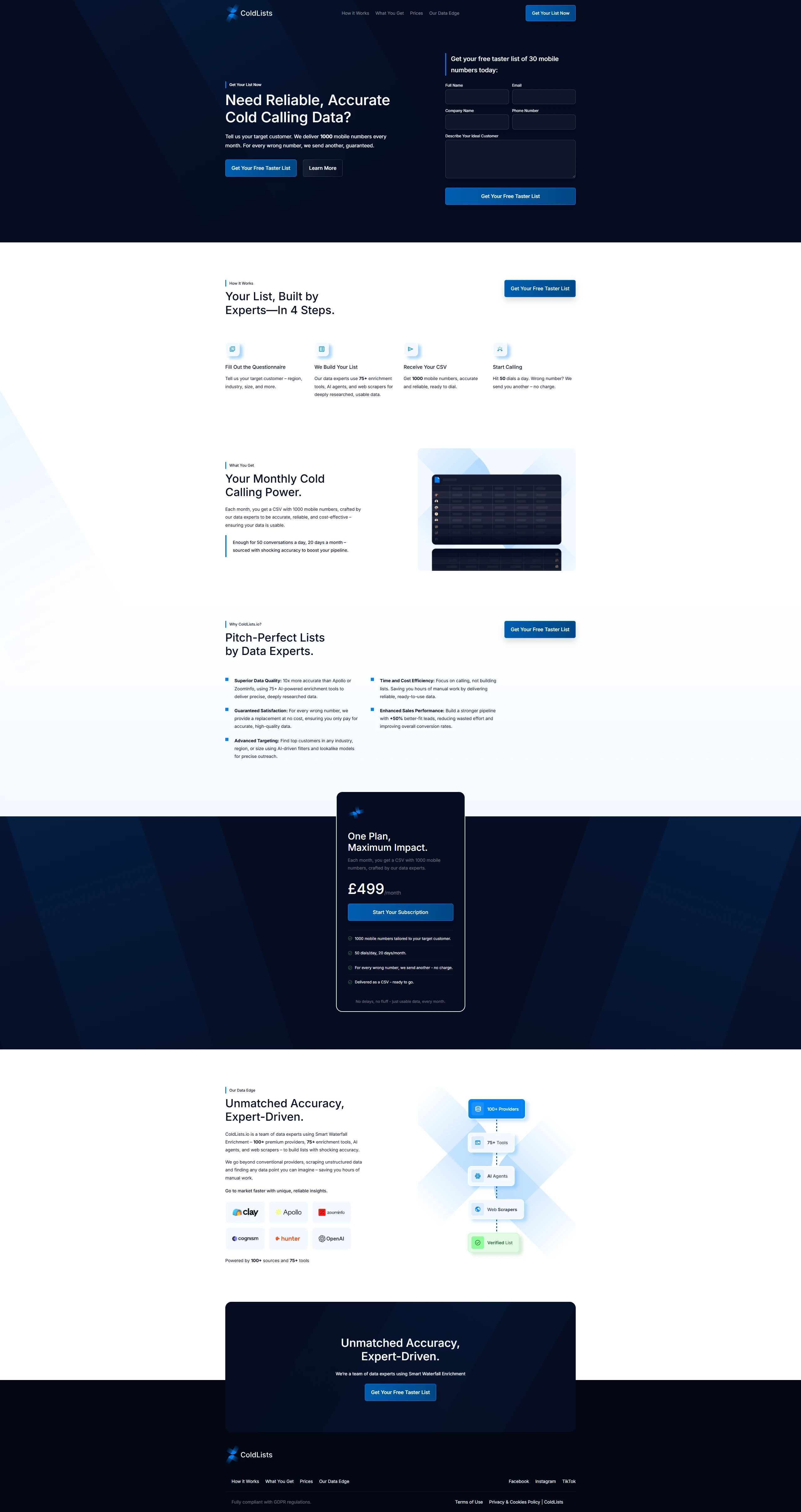 ColdLists website, full page