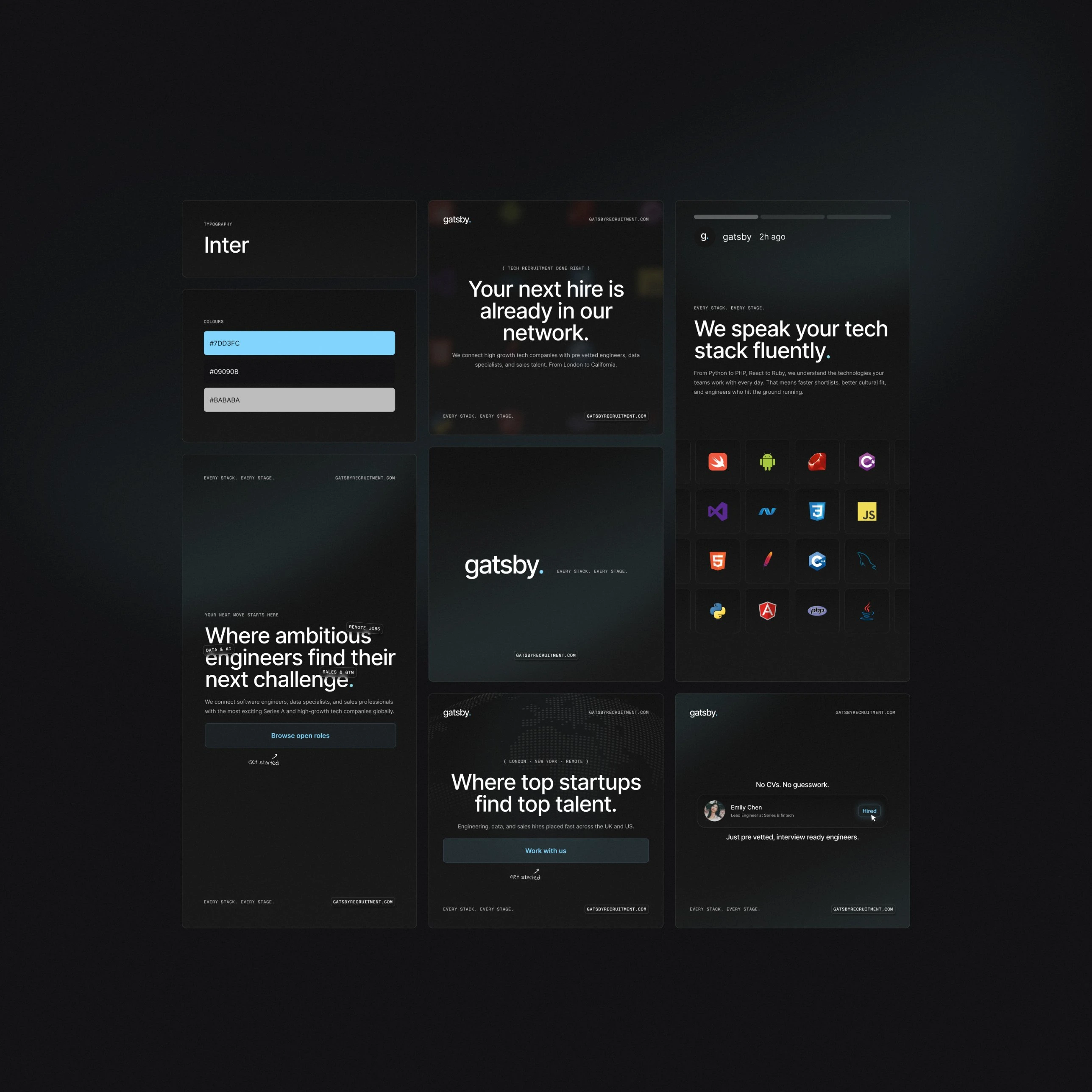 Gatsby Recruitment brand concept: typography, colours, logo, social ads and website hero