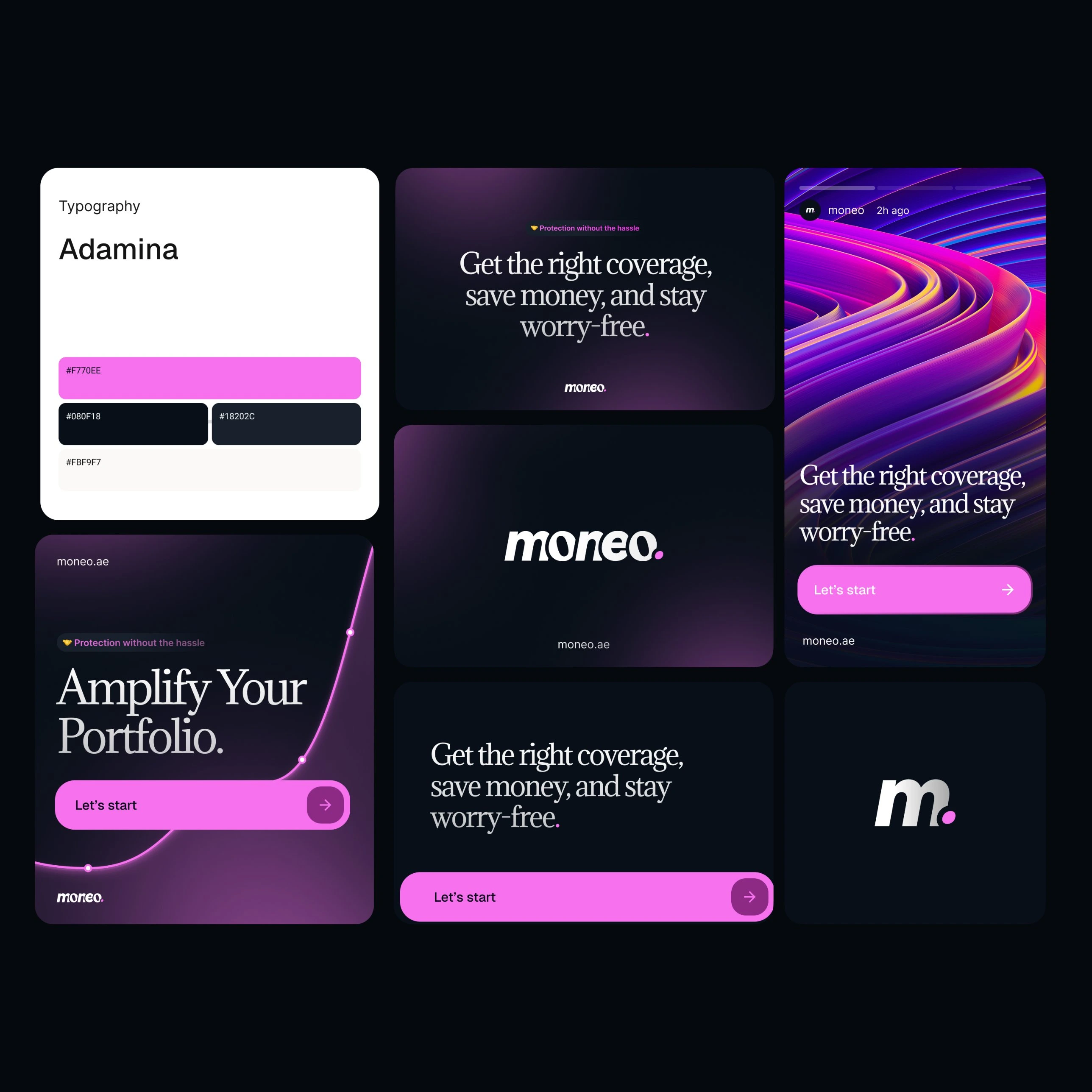 Moneo brand bento: typography, colours, logo, social ads and story